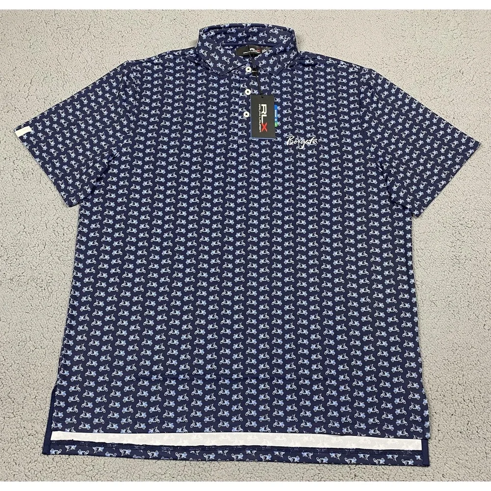 Ralph Lauren RLX Borgata‎ Scooter Print Polo Shirt Mens Large Blue Golf Stretch